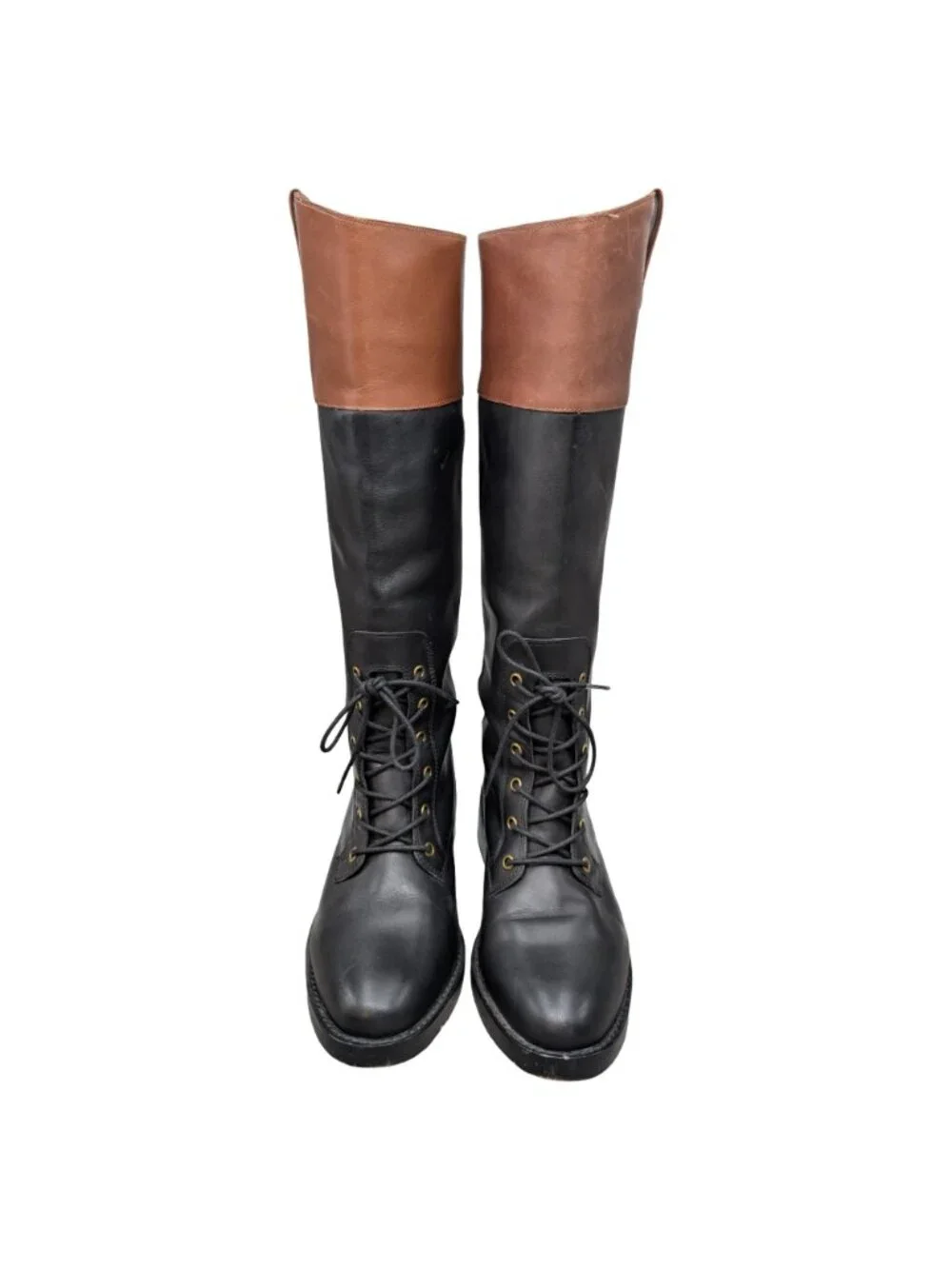 J.CREW Leather Riding Boots Womens Black Brown Lace Up Knee High BD425 Size 8